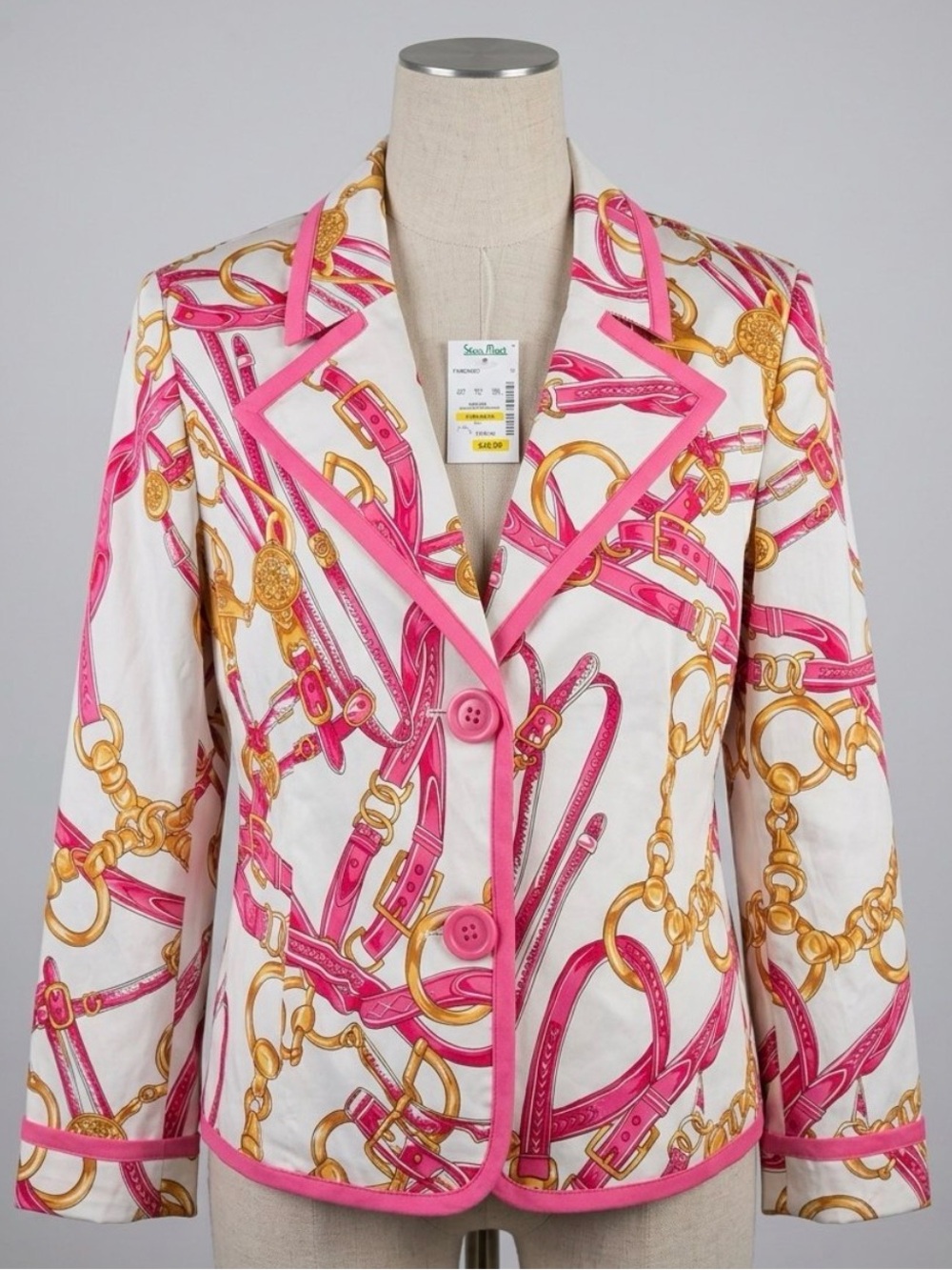 Muse White Blazer with Pink Trim and Gold Chain Print